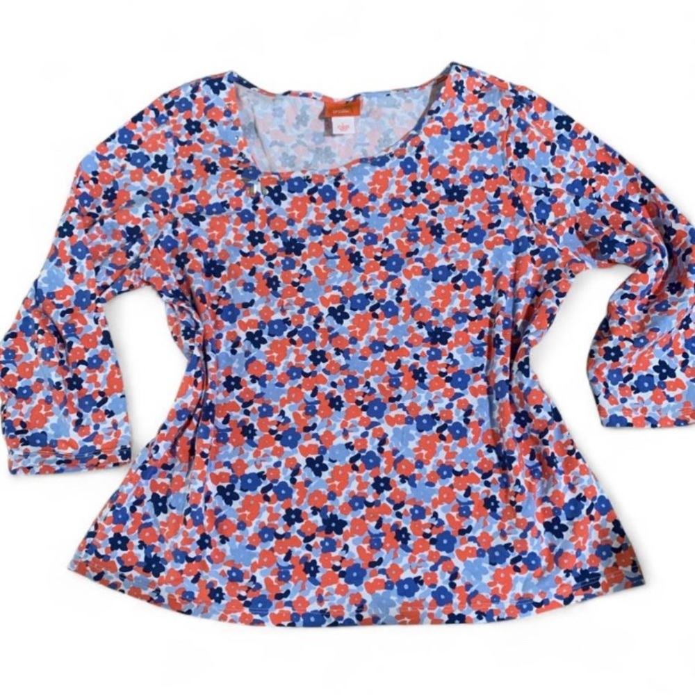 hearts of palm Floral Scoop Neck Long Sleeve Top in Coral, Navy & Light Blue